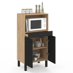 Buffet mi-haut 60 cm avec 1 tiroir et 2 portes façon hêtre et noir