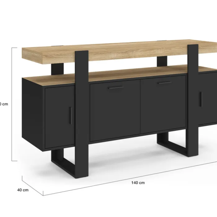 Buffet noir avec plateau bois 140 cm 4 portes