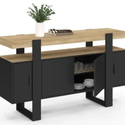 Buffet noir avec plateau bois 140 cm 4 portes