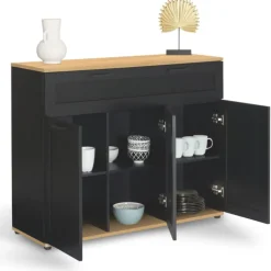 Buffet noir et bois 3 portes et 1 tiroir