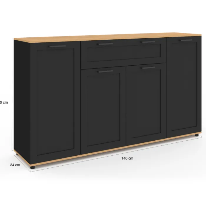 Buffet noir et bois 4 portes 1 tiroir
