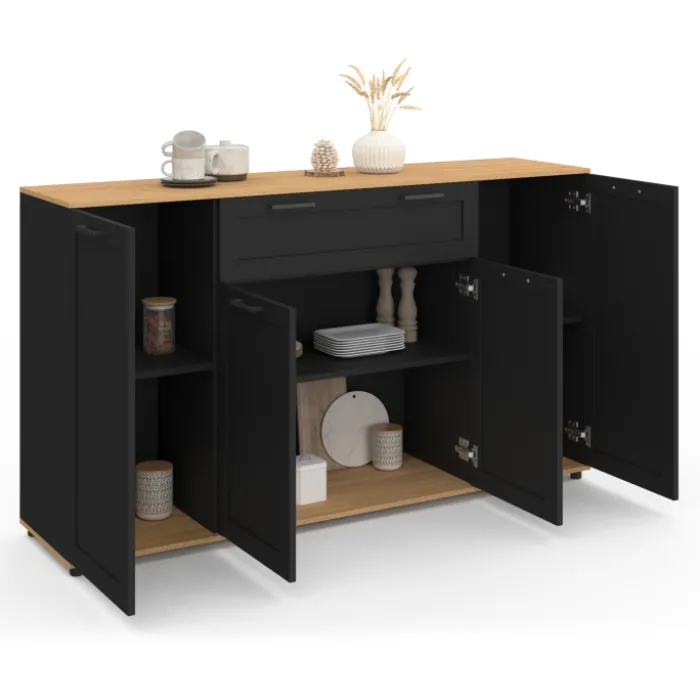 Buffet noir et bois 4 portes 1 tiroir