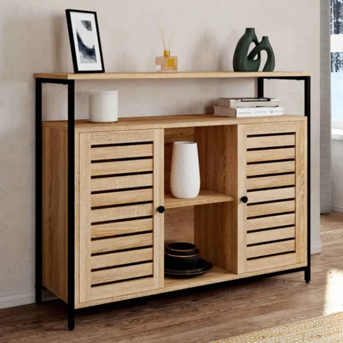 Buffet portes persiennes bois et métal noir