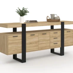 Buffet salon XXL 180 cm bois et noir 4 portes et 3 tiroirs