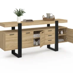 Buffet salon XXL 180 cm bois et noir 4 portes et 3 tiroirs