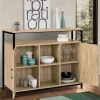 Buffet style industriel avec 2 portes et étagères en bois et métal noir 100 cm