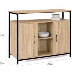 Buffet style industriel avec 2 portes et étagères en bois et métal noir 100 cm