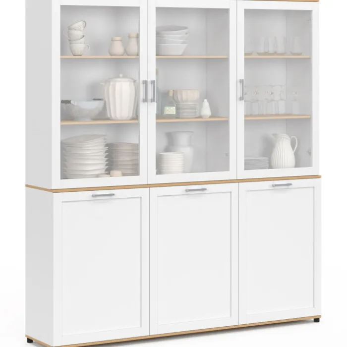 Buffet vaisselier 160 cm meuble de cuisine 6 portes blanc et bois