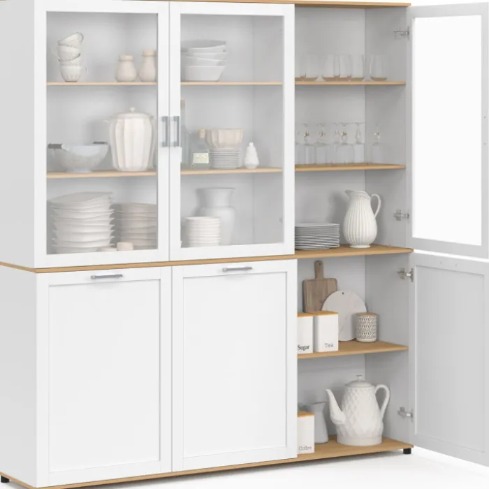 Buffet vaisselier 160 cm meuble de cuisine 6 portes blanc et bois