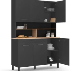 Buffet vaisselier noir 6 portes, 1 tiroir et plateaux façon hêtre