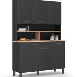 Buffet vaisselier noir 6 portes, 1 tiroir et plateaux façon hêtre