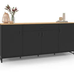 Buffet XXL 180 cm style industriel 4 portes et 1 tiroir noir et bois
