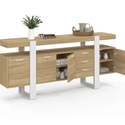 Buffet XXL bois et blanc industriel 180 cm 4 portes 3 tiroirs