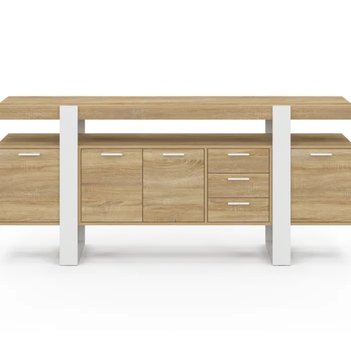 Buffet XXL bois et blanc industriel 180 cm 4 portes 3 tiroirs