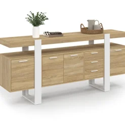 Buffet XXL bois et blanc industriel 180 cm 4 portes 3 tiroirs