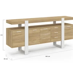 Buffet XXL bois et blanc industriel 180 cm 4 portes 3 tiroirs