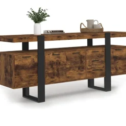 Buffet XXL bois et noir à l’effet vieilli de 180 cm avec 4 portes et 3 tiroirs