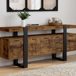 Buffet XXL bois et noir à l’effet vieilli de 180 cm avec 4 portes et 3 tiroirs