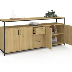 Buffet XXL bois et noir style industriel 180 cm 4 portes et tiroirs