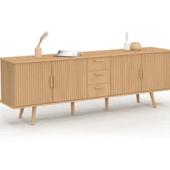 Buffet XXL de 180 cm avec 4 portes et 3 tiroirs à l’effet lattes et tasseaux en bois coloris chêne