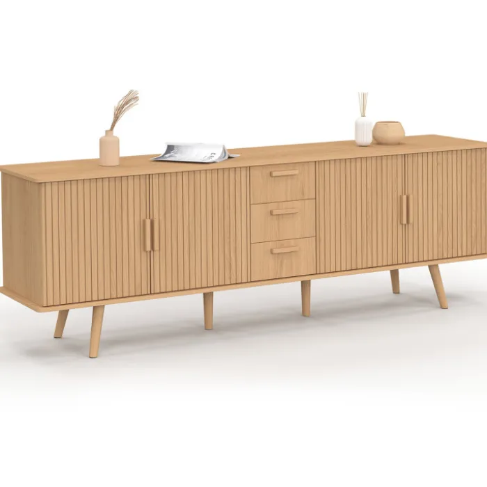Buffet XXL de 180 cm avec 4 portes et 3 tiroirs à l’effet lattes et tasseaux en bois coloris chêne