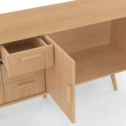 Buffet XXL de 180 cm avec 4 portes et 3 tiroirs à l’effet lattes et tasseaux en bois coloris chêne