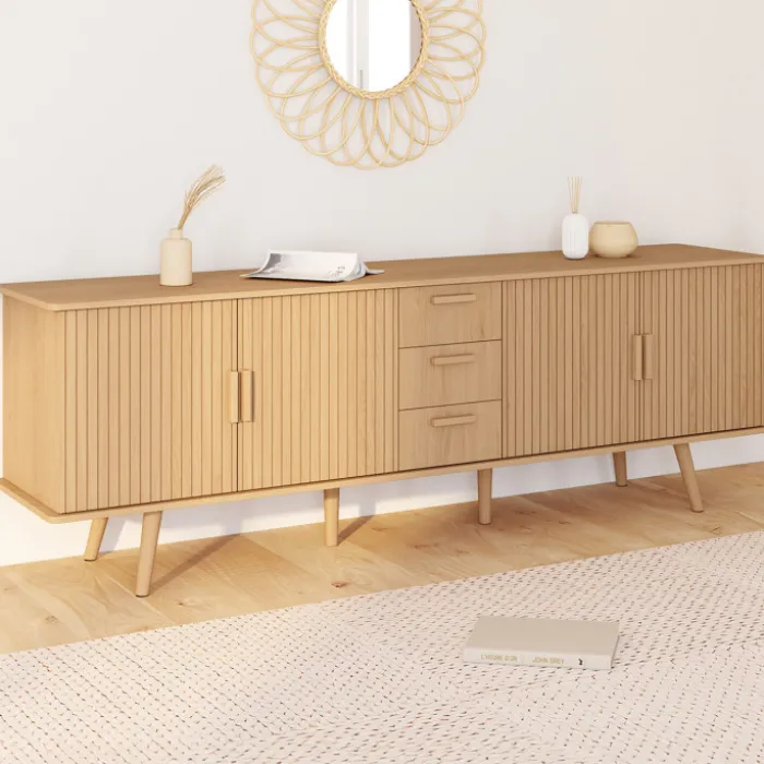 Buffet XXL de 180 cm avec 4 portes et 3 tiroirs à l’effet lattes et tasseaux en bois coloris chêne