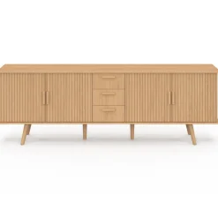 Buffet XXL de 180 cm avec 4 portes et 3 tiroirs à l’effet lattes et tasseaux en bois coloris chêne
