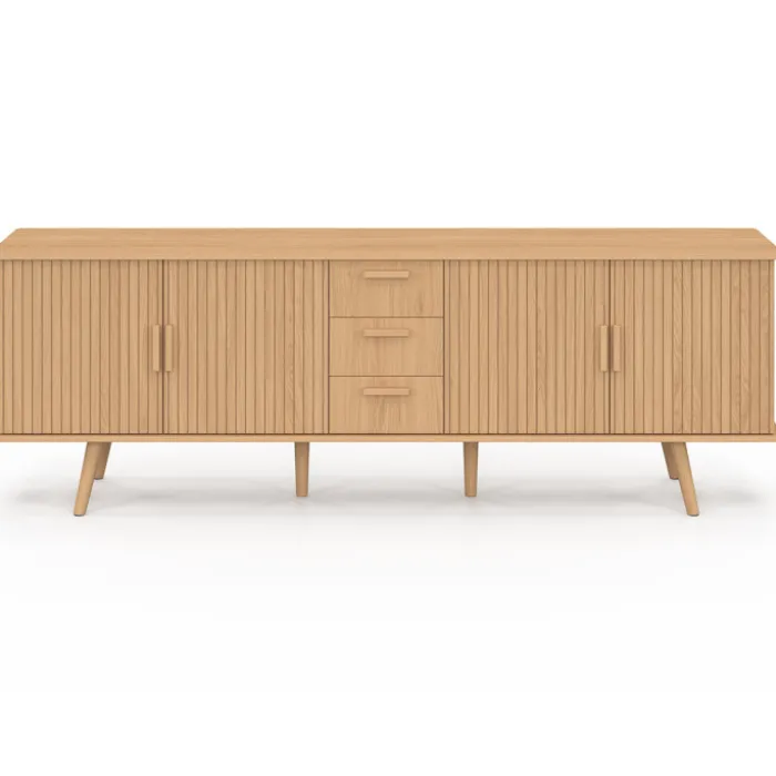 Buffet XXL de 180 cm avec 4 portes et 3 tiroirs à l’effet lattes et tasseaux en bois coloris chêne