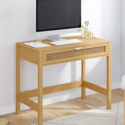 Bureau 1 tiroir bois et cannage 90*50
