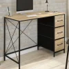 Bureau 3 tiroirs design industriel 100 cm en tissu bois et noir