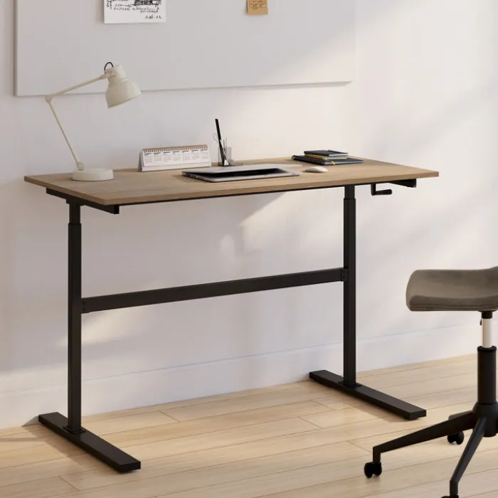Bureau assis debout à manivelle hauteur réglable 70 - 120 cm bois façon hêtre et noir