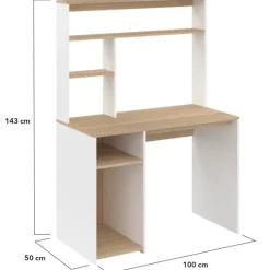 Bureau avec rangements blanc et bois façon hêtre