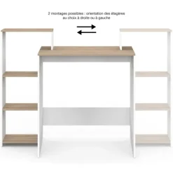 Bureau avec étagères modulables latérales bois façon hêtre et blanc