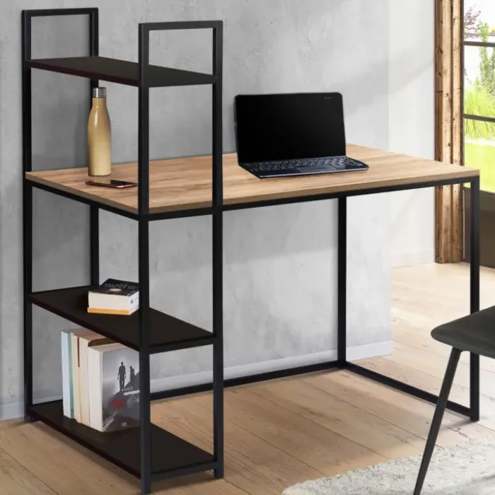 Bureau avec étagères style industriel en bois et métal noir