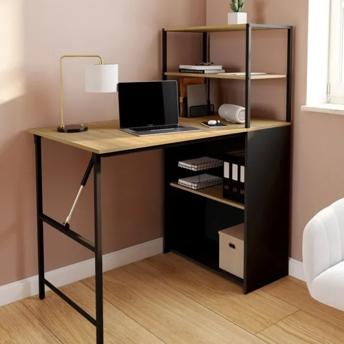Bureau bibliothèque pliable plateau rabattable bois façon hêtre et noir