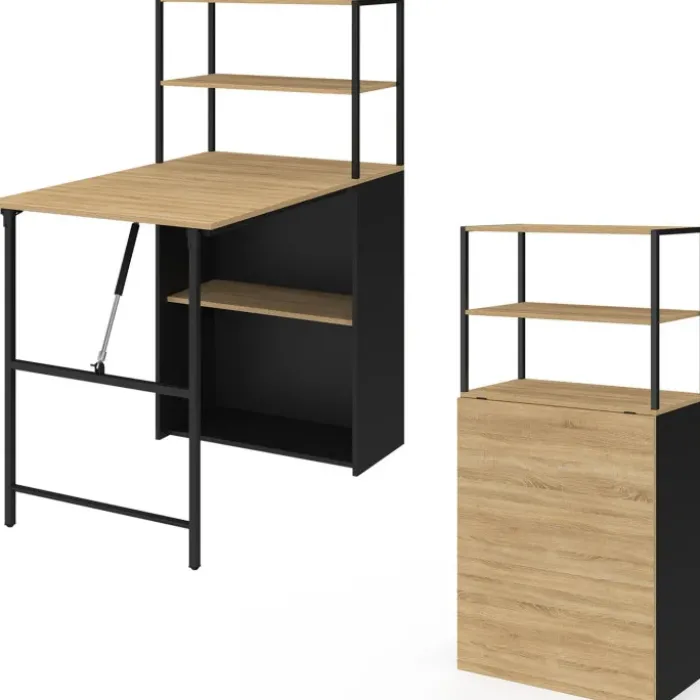 Bureau bibliothèque pliable plateau rabattable bois façon hêtre et noir