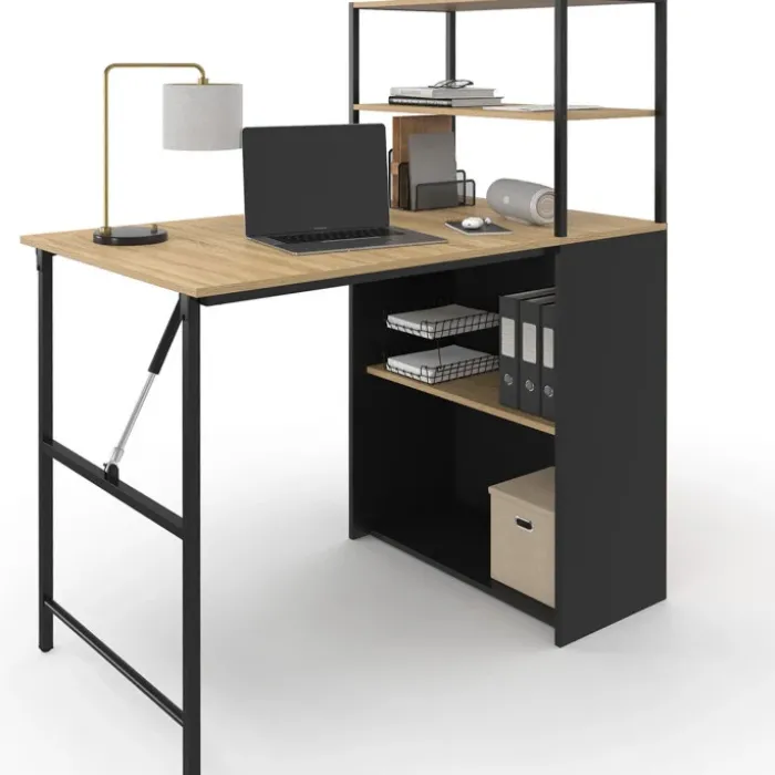 Bureau bibliothèque pliable plateau rabattable bois façon hêtre et noir