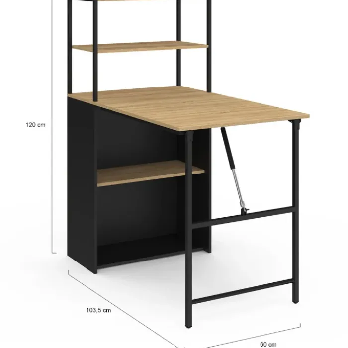 Bureau bibliothèque pliable plateau rabattable bois façon hêtre et noir