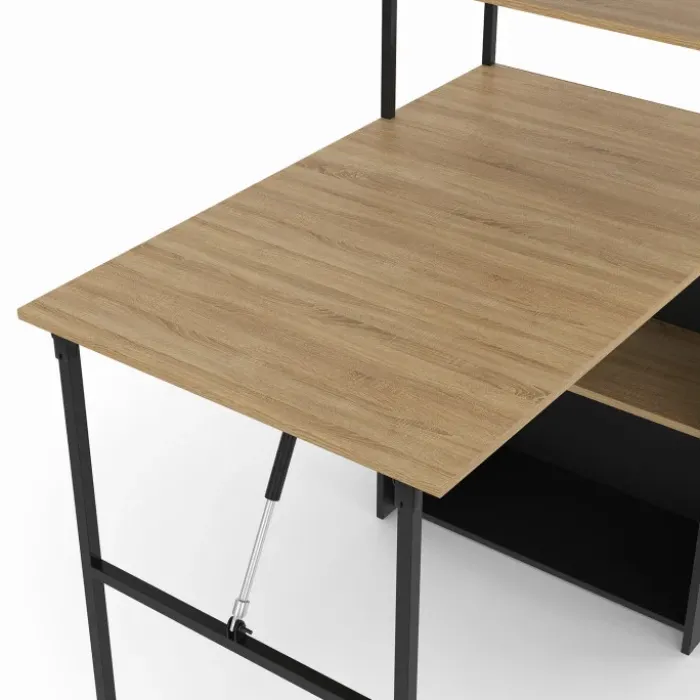 Bureau bibliothèque pliable plateau rabattable bois façon hêtre et noir