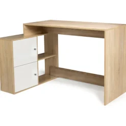 Bureau d’angle avec rangement bois imitation hêtre et blanc