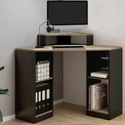 Bureau d'angle avec rangements noir et façon hêtre