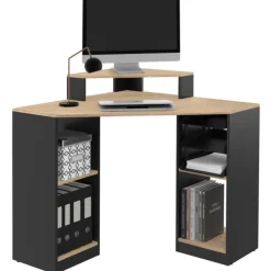 Bureau d'angle avec rangements noir et façon hêtre