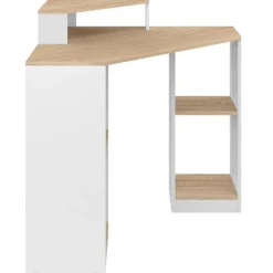 Bureau d'angle avec rangements blanc et façon hêtre