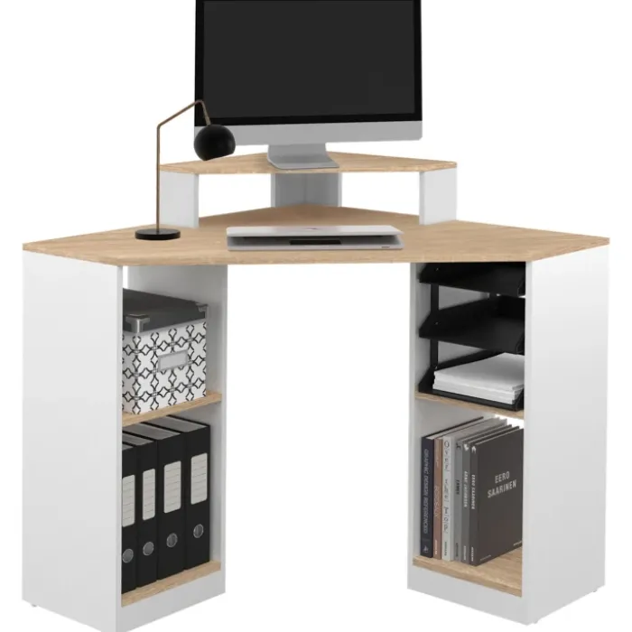 Bureau d'angle avec rangements blanc et façon hêtre