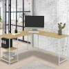 Bureau d'angle en bois et métal blanc en forme de L
