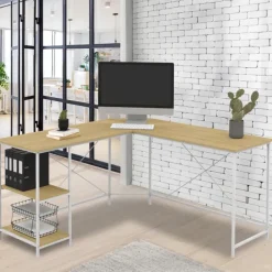 Bureau d'angle en bois et métal blanc en forme de L