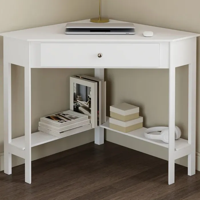Bureau d'angle gain de place bureau informatique blanc avec rangements et 1 tiroir