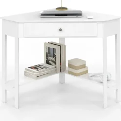 Bureau d'angle gain de place bureau informatique blanc avec rangements et 1 tiroir