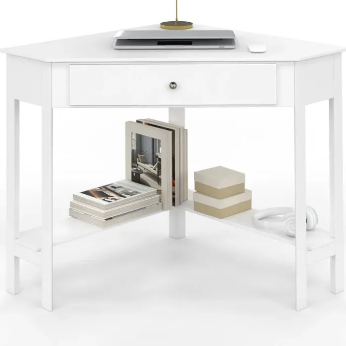 Bureau d'angle gain de place bureau informatique blanc avec rangements et 1 tiroir